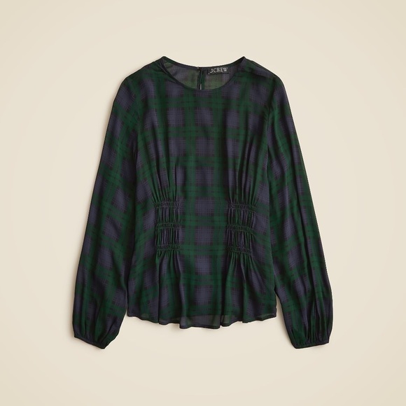 NEW!! J. CREW Chiffon Shirred-Waist Top Black Watch Tartan Plaid Copper Green 2 - Picture 11 of 14